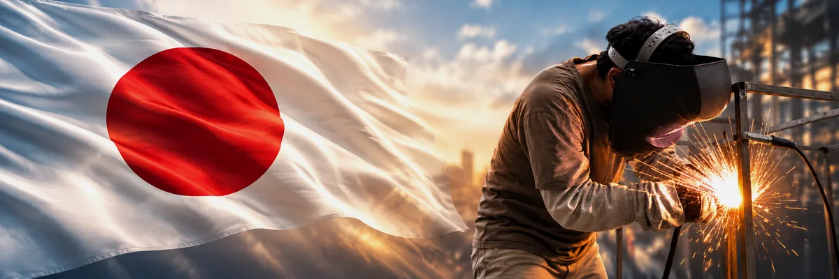 Bandeira do Japão ao lado de um soldador em atividade, referência ao período de sete anos vividos e trabalhados no país