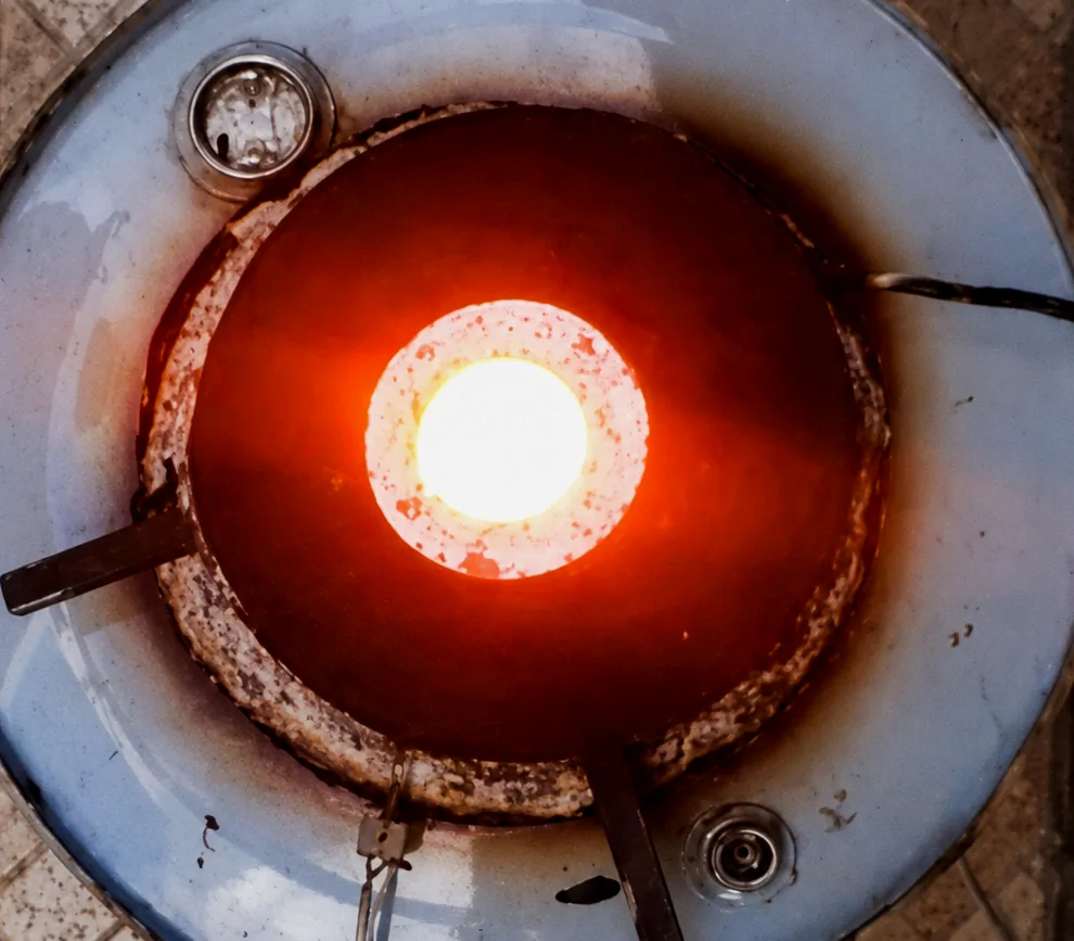 Cadinho aquecido ao rubro visto de cima, durante processo de fusão de metal em forno construído artesanalmente