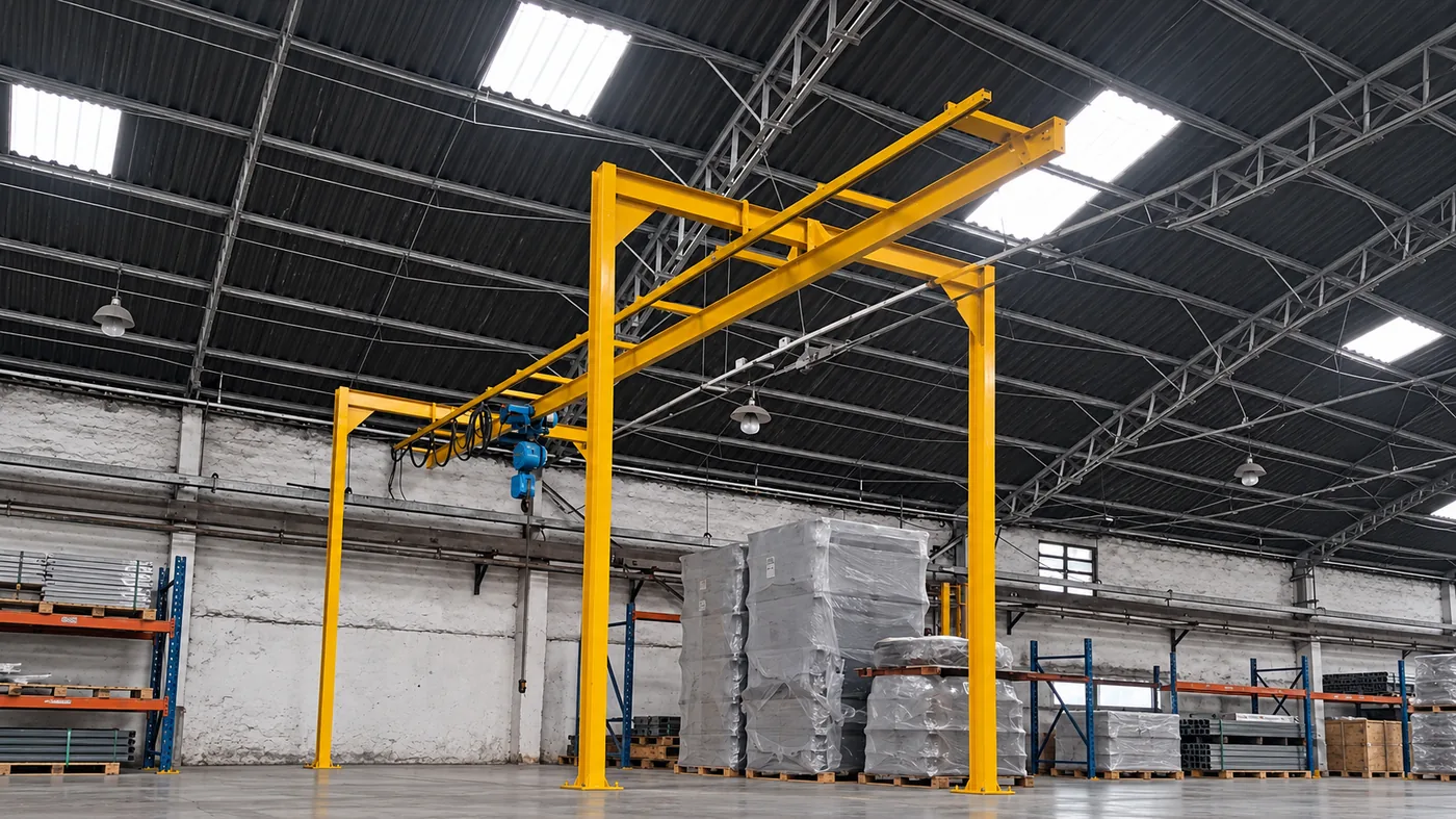 Estrutura de trilho com talha para movimentação de carga, instalada em galpão industrial
