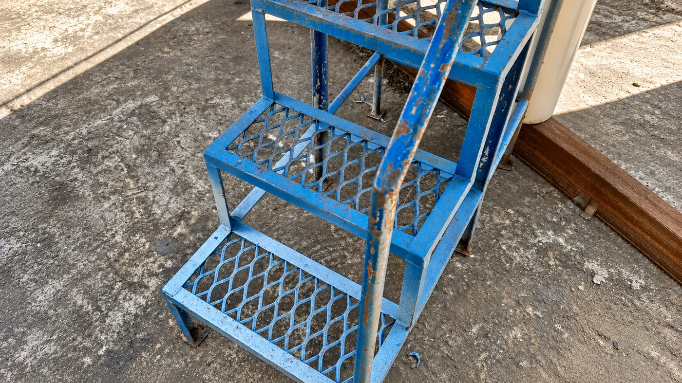 Escada metálica com degraus em metal expandido e corrimão tubular
