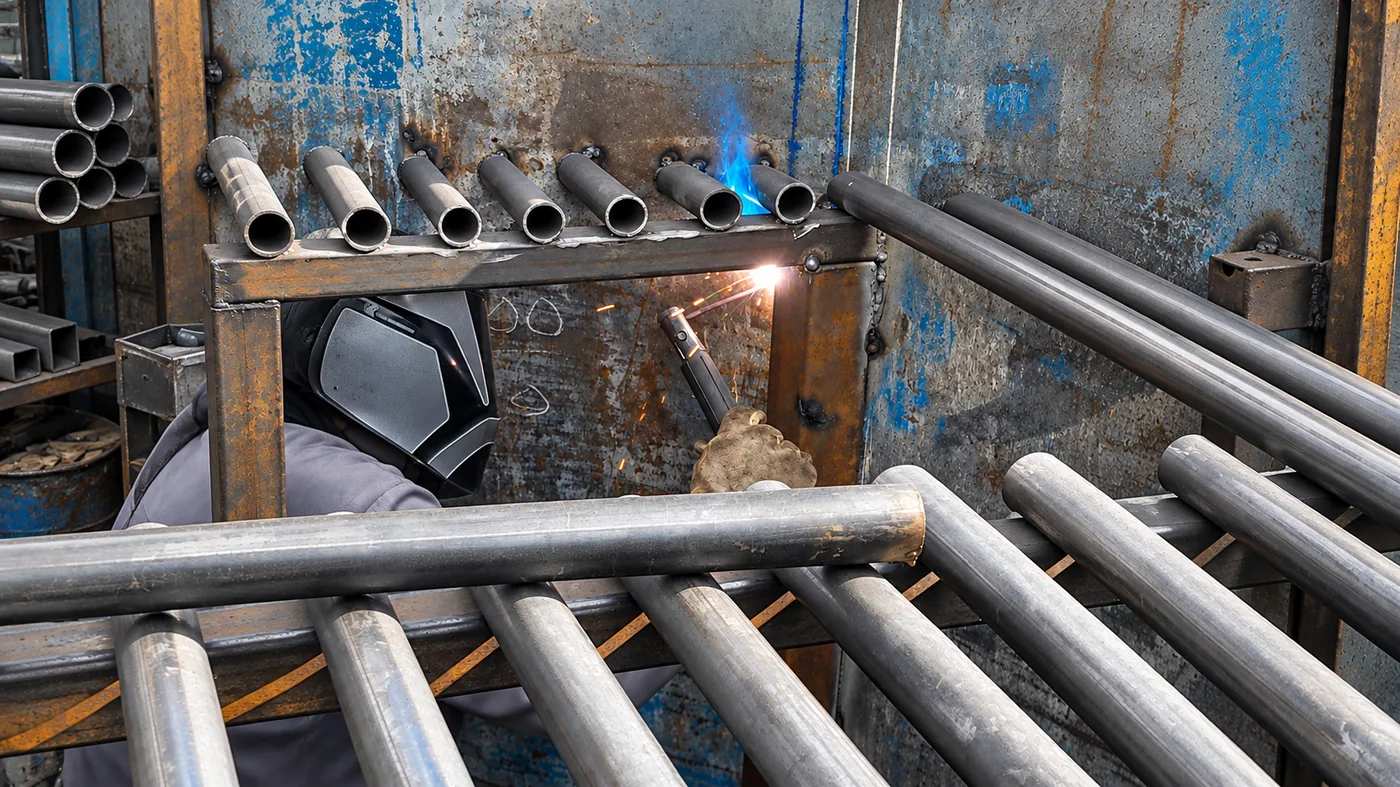 Soldagem de grade tubular em bancada de oficina, com o arco aberto na junta entre o tubo e o perfil